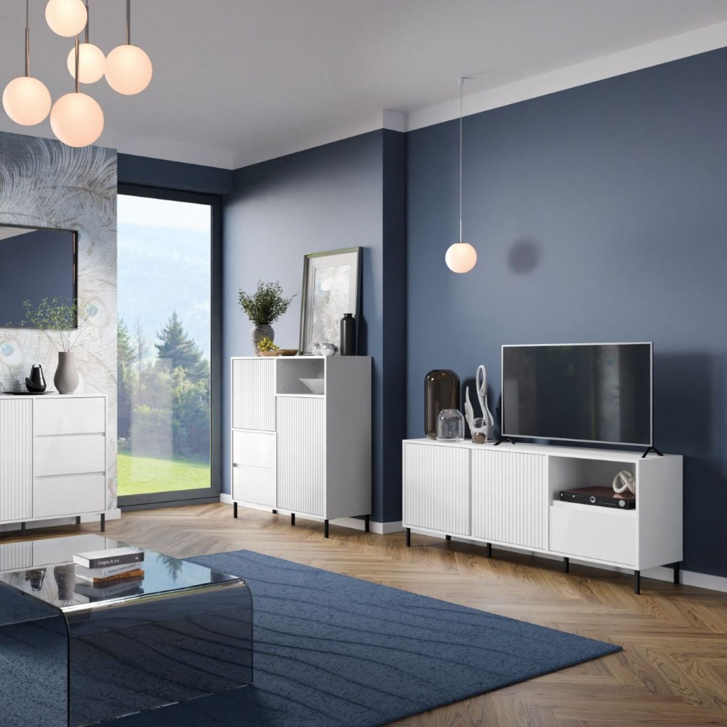 Avenale Wide TV Cabinet 2 Door 1 Drawer in Alpine White High Gloss