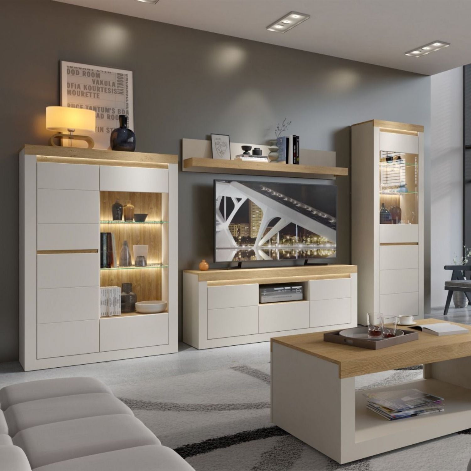 Naxxar TV Cabinet with 2 Doors and 1 Drawer in Cashmere and Stone Oak