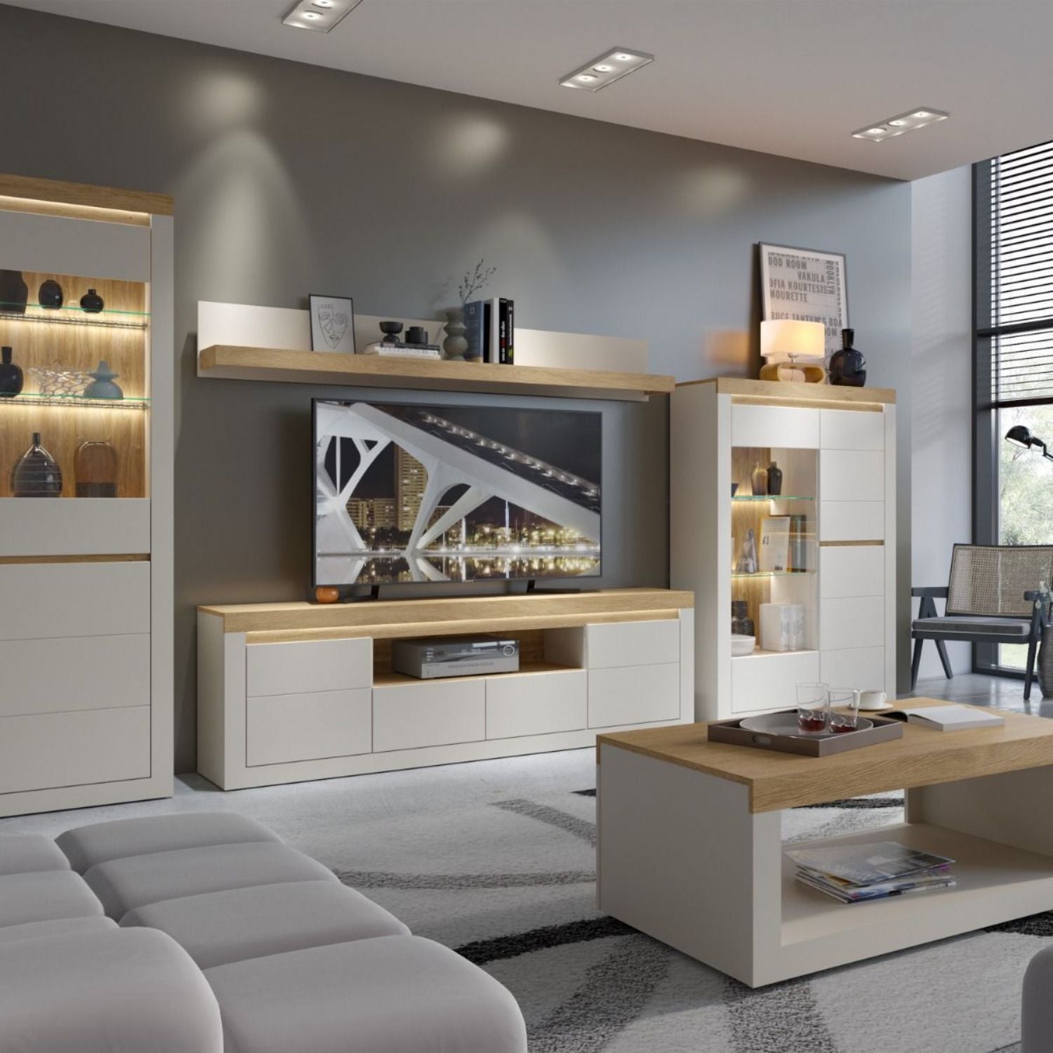 Naxxar TV Cabinet with 2 Doors and 2 Drawers in Cashmere and Stone Oak