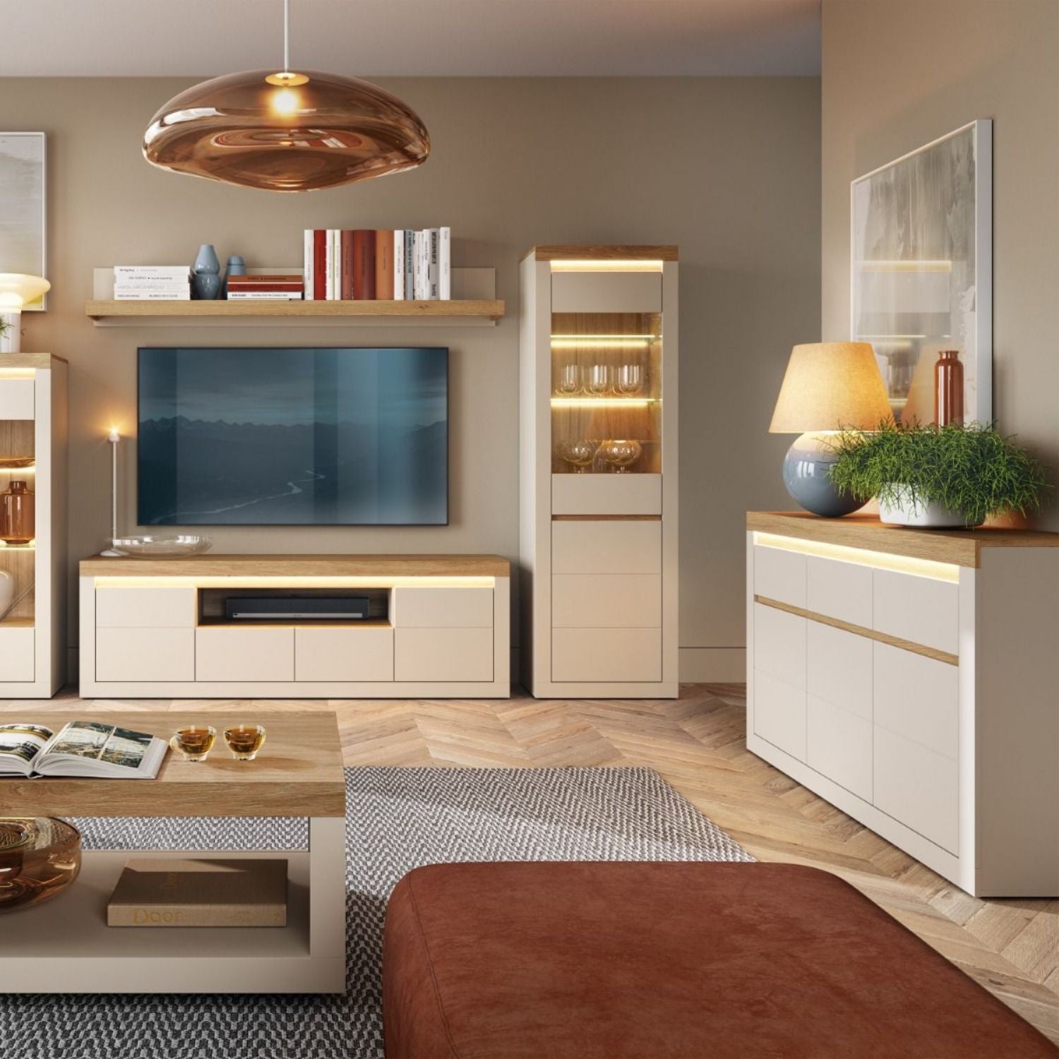 Naxxar Sideboard with 3 Doors and 3 Drawers in Cashmere and Stone Oak