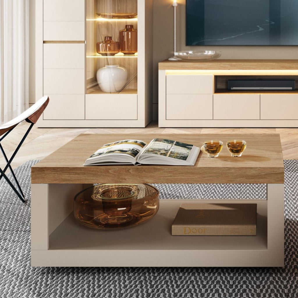 Naxxar Coffee Table in Cashmere and Stone Oak