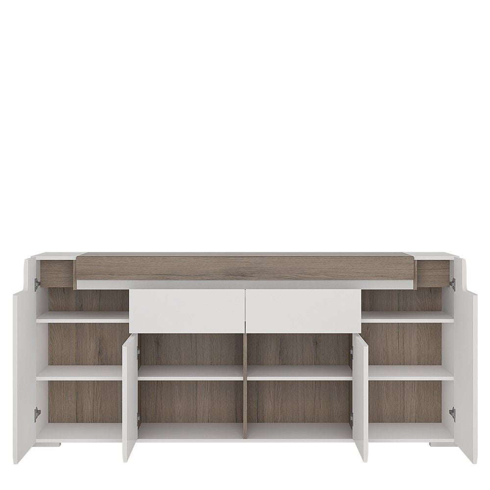 Traditional Wide White and Oak Finish 4 Door 2 Drawer Sideboard