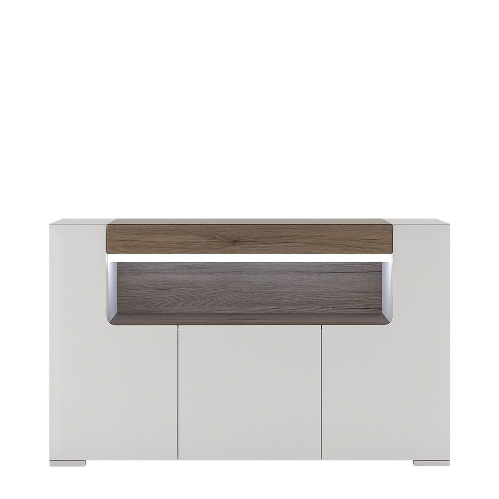 Modern Wide White High Gloss 3 Door Large Sideboard Open Shelf