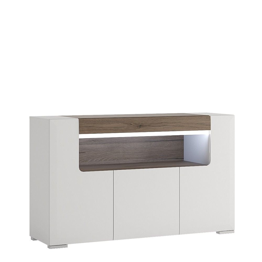 Modern Wide White High Gloss 3 Door Large Sideboard Open Shelf