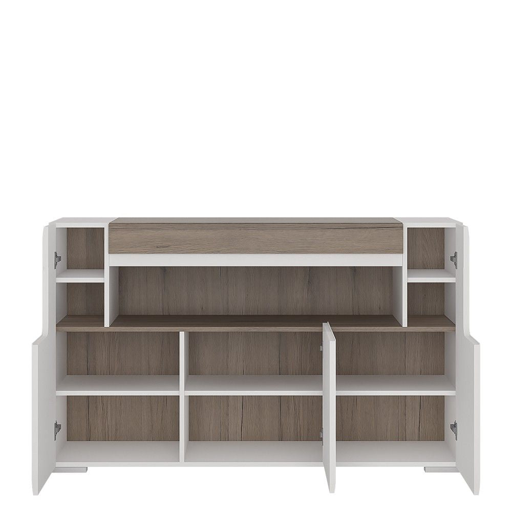 Modern Wide White High Gloss 3 Door Large Sideboard Open Shelf