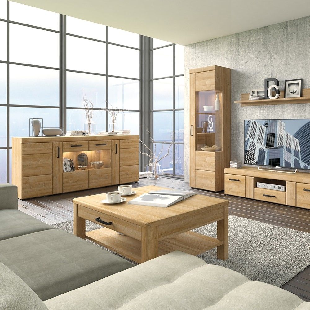 Oak Natural Wood 4 Door Large Wide Glazed Sideboard Traditional Style