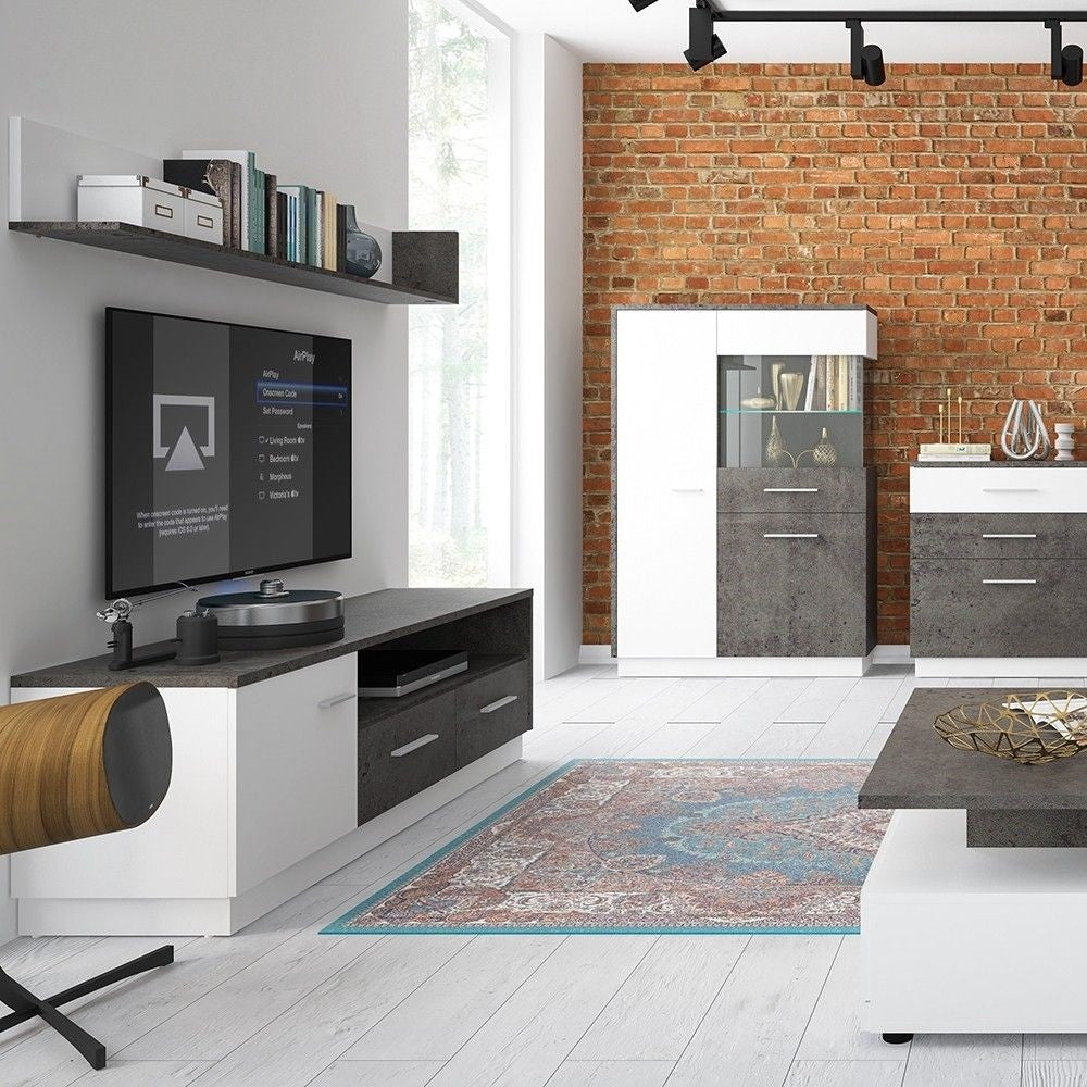 Slate Grey and White 1 Door 2 Drawer Wide TV Cabinet With Open Shelf