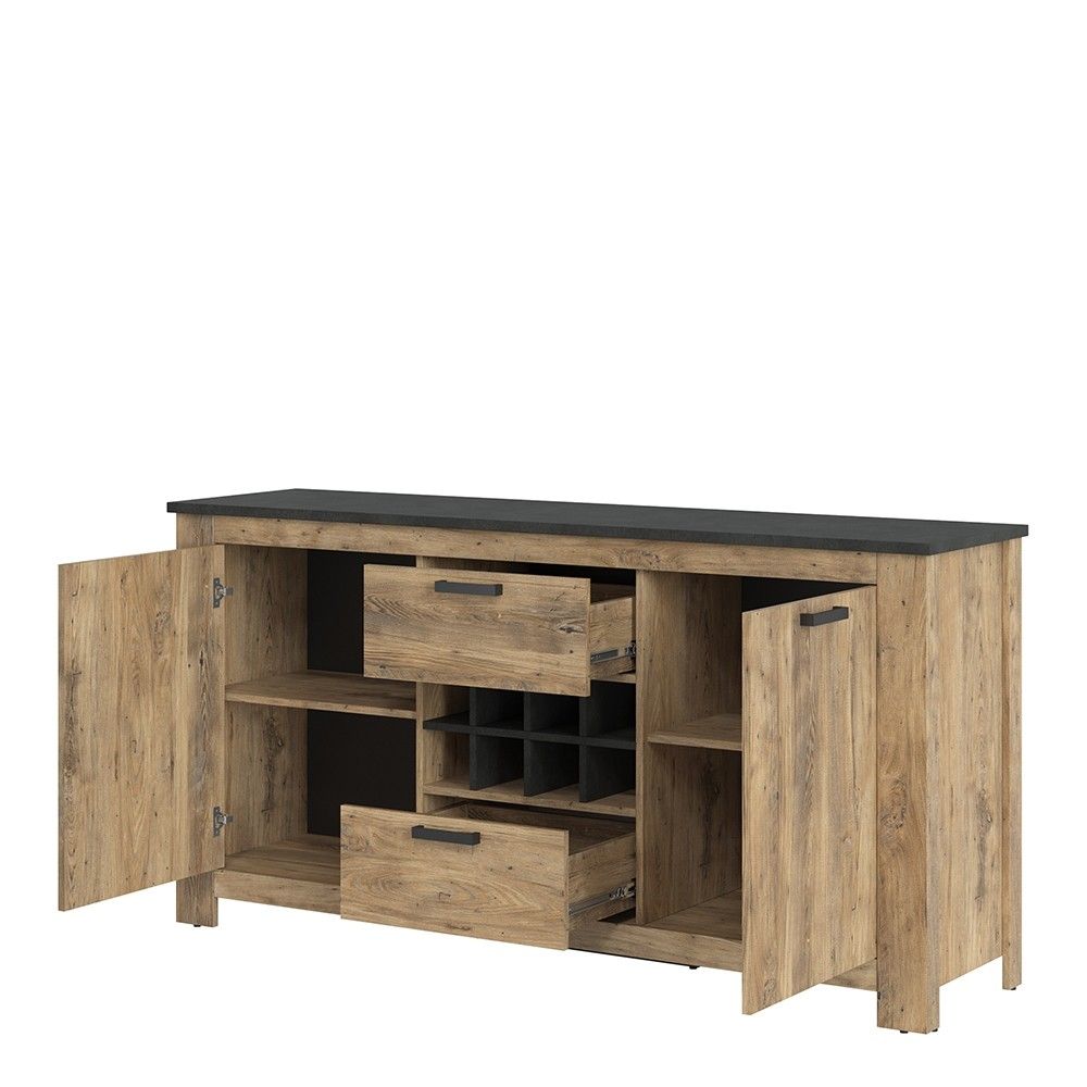 2 door 2 drawer sideboard With wine rack in Chestnut and Matera Grey