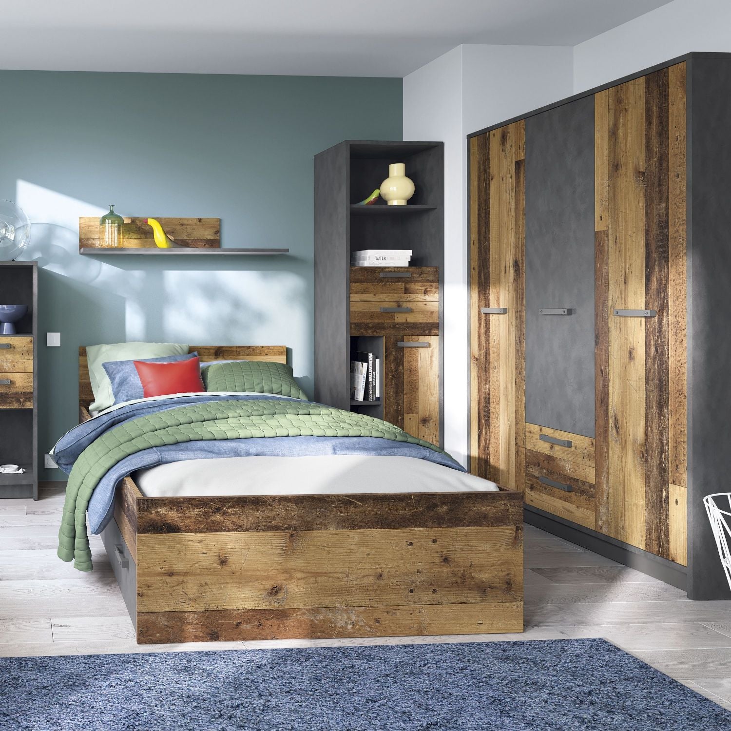 Industrial Brooklyn Dark Matera Grey and Walnut 2 Drawer 3 Door Wardrobe