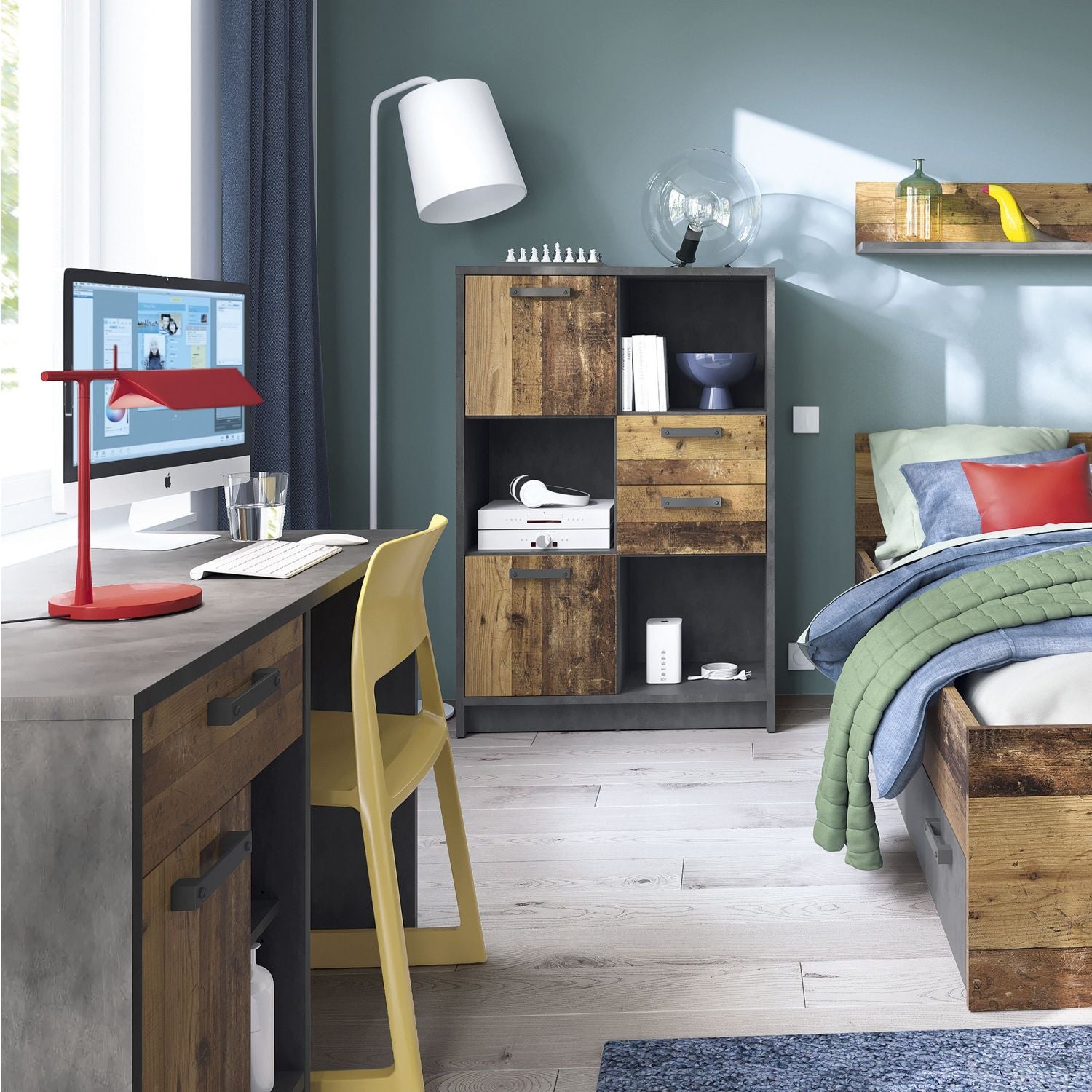 Industrial Brooklyn Walnut Single 3ft Bed with 2 Open Storage