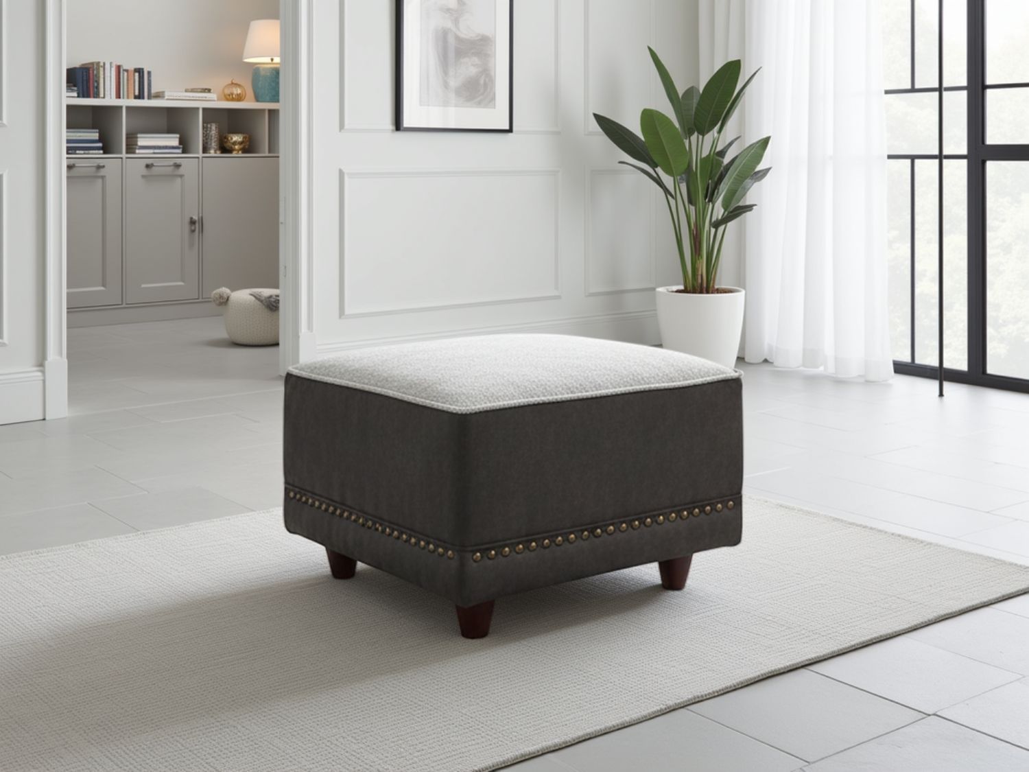 Grey Leather Effect White Fabric Top Footstool