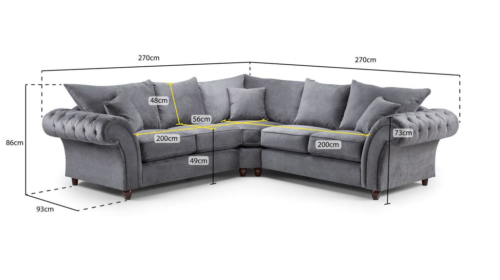 Grey Fabric Large Fullback Corner Sofa Buttoned Scroll Arms