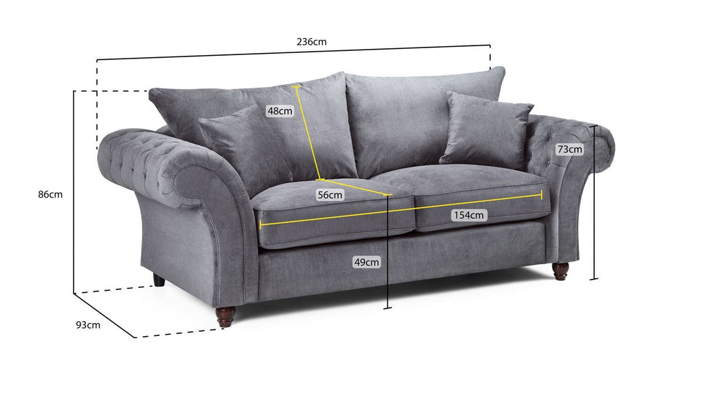 Grey Fabric 3 Seater Fullback Sofa with Scroll Arms