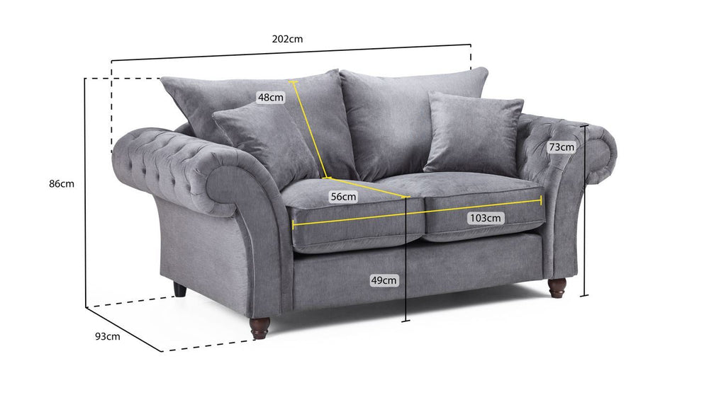 Stone Fabric Buttoned Fullback 2 Seater Sofa Scroll Arms