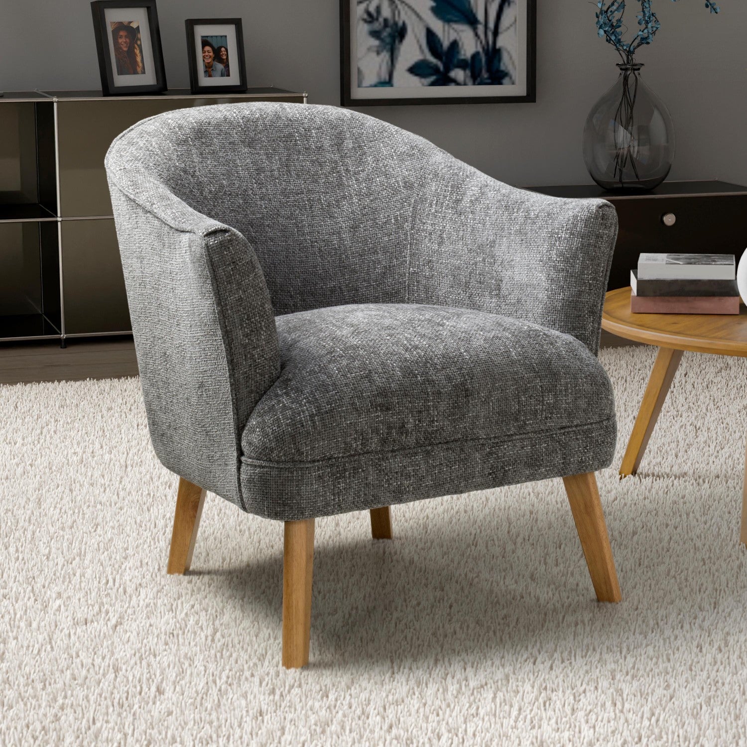 Grey Fabric Curved Wing Armed Chair with Wooden Legs