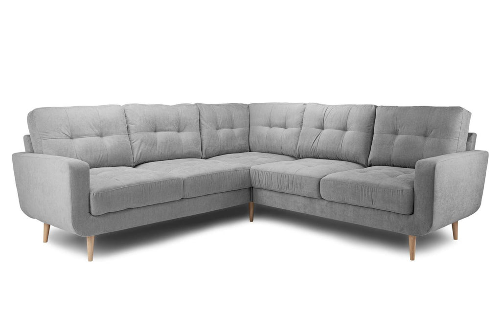 Grey Fabric Tufted Back Large Corner Sofa Wooden Legs