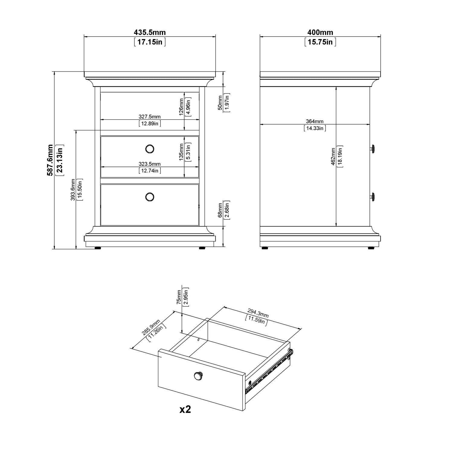 White 2 Drawer Bedside Cabinet