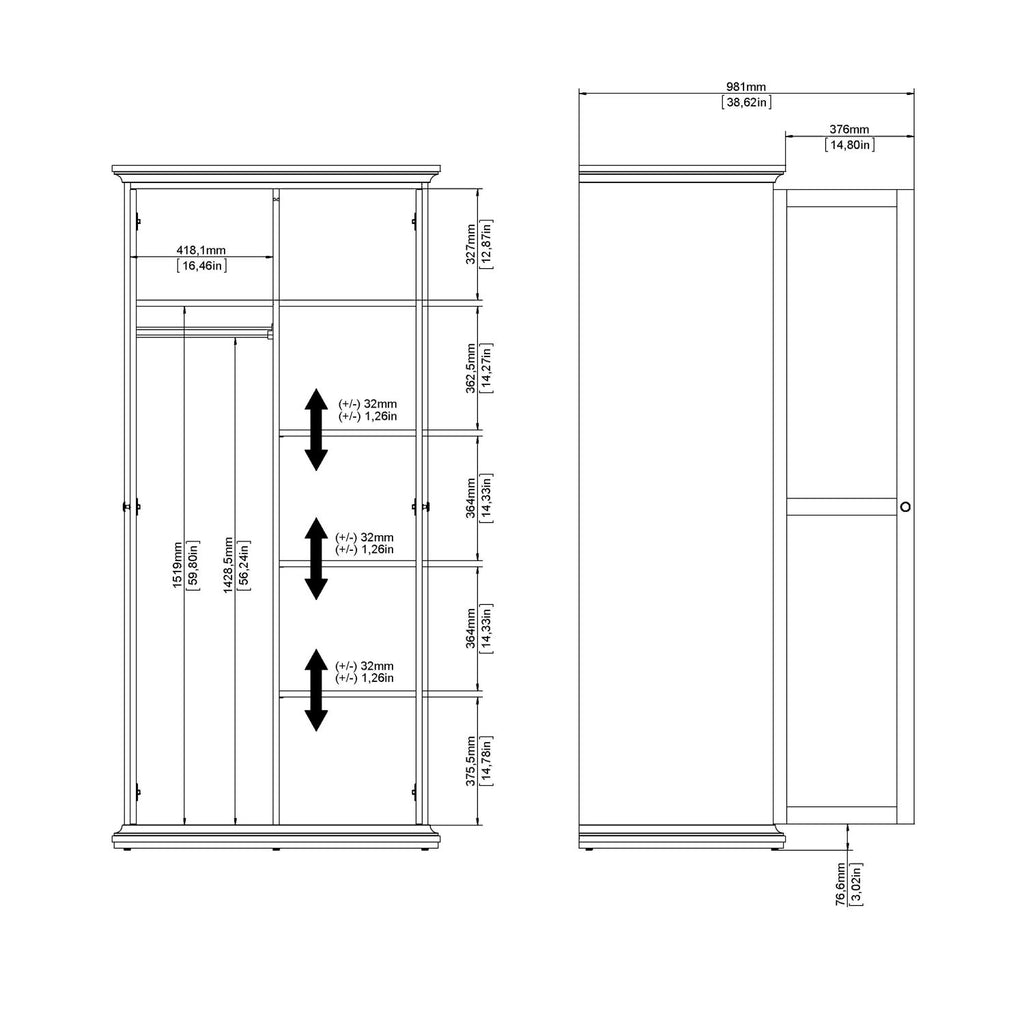 Tall White Cornice Top 2 Door Double Wardrobe