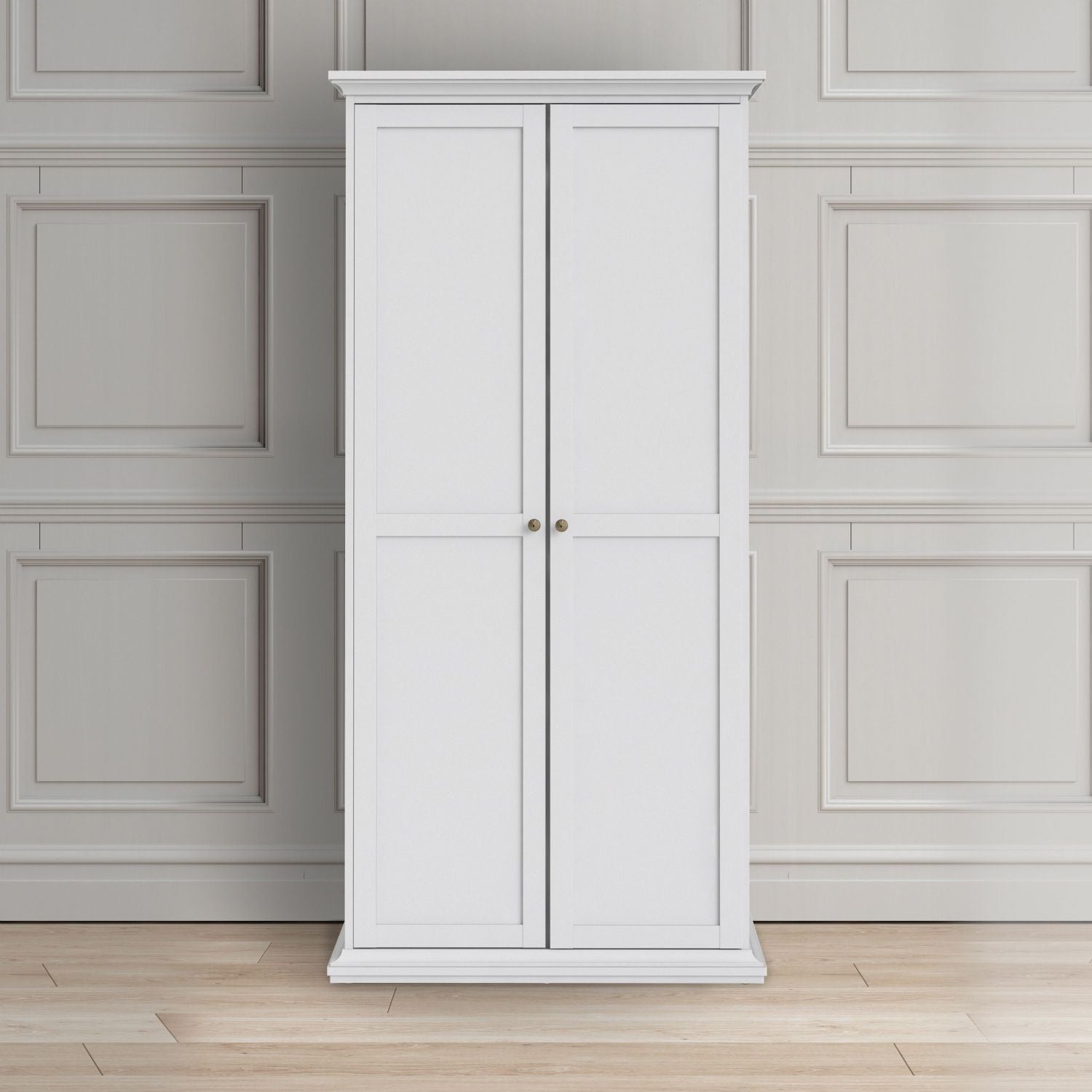 Tall White Cornice Top 2 Door Double Wardrobe