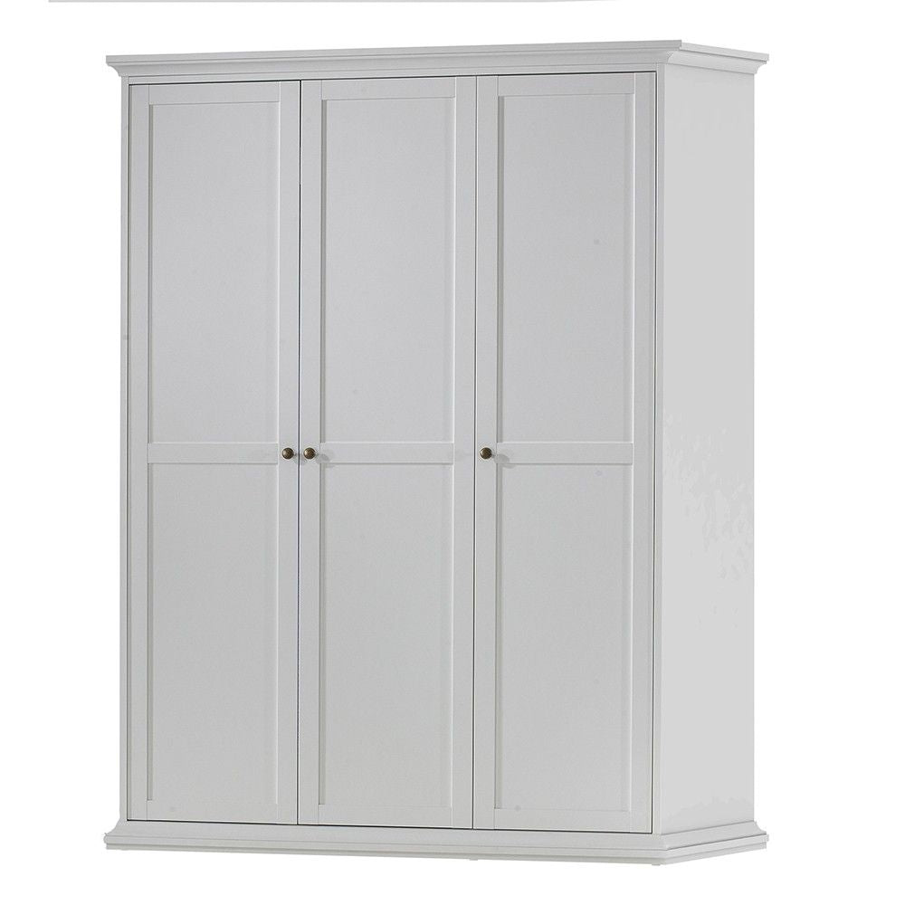 White 3 Door Triple Wardrobe with Shelves Metal Round Knobs
