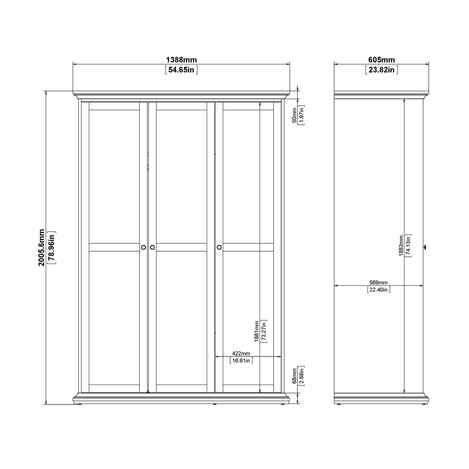 White 3 Door Triple Wardrobe with Shelves Metal Round Knobs