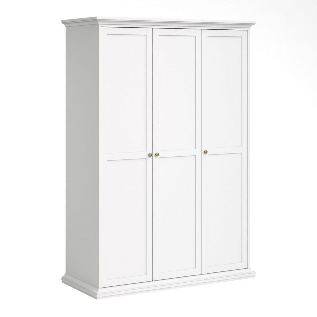 White 3 Door Triple Wardrobe with Shelves Metal Round Knobs