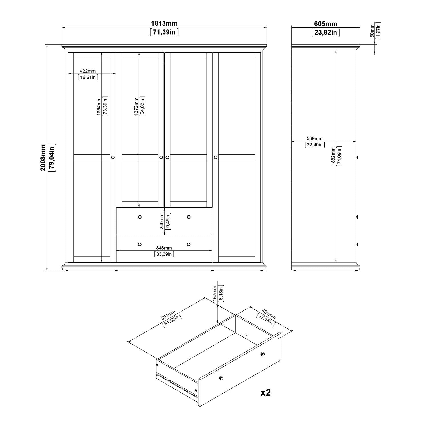 Matt Grey Large 4 Door 2 Drawer Wardrobe