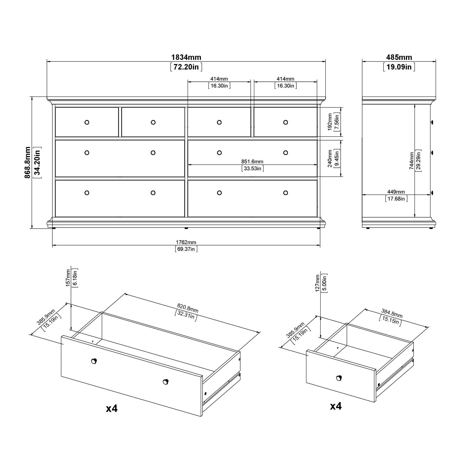 Matt Grey Large Wide Chest of 8 Drawers