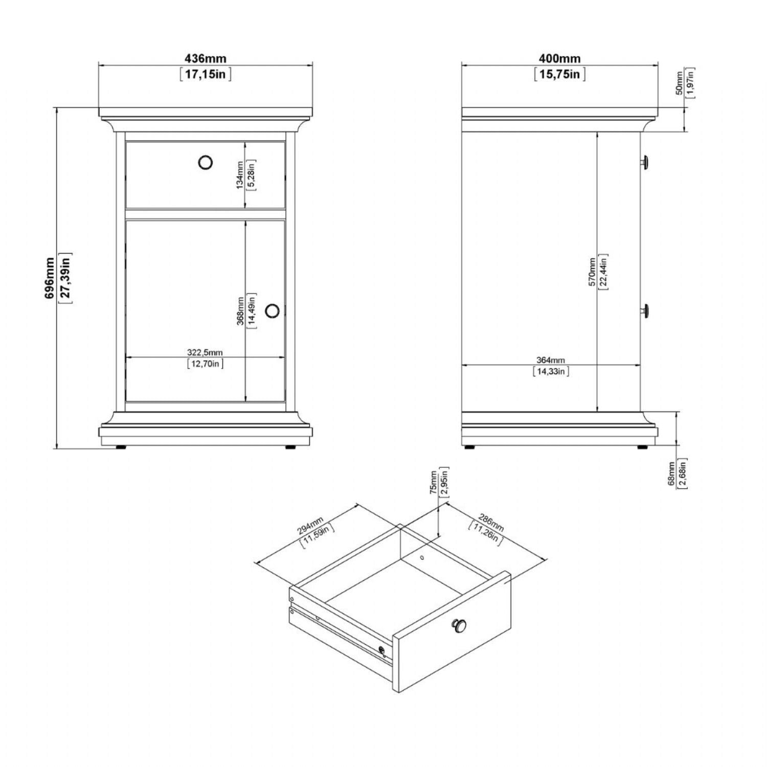 Paris Nightstand 1 Door + 1 Drawer in White