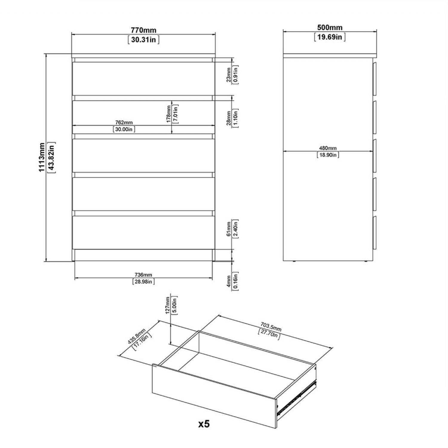Black Matt Chest of 5 Drawers