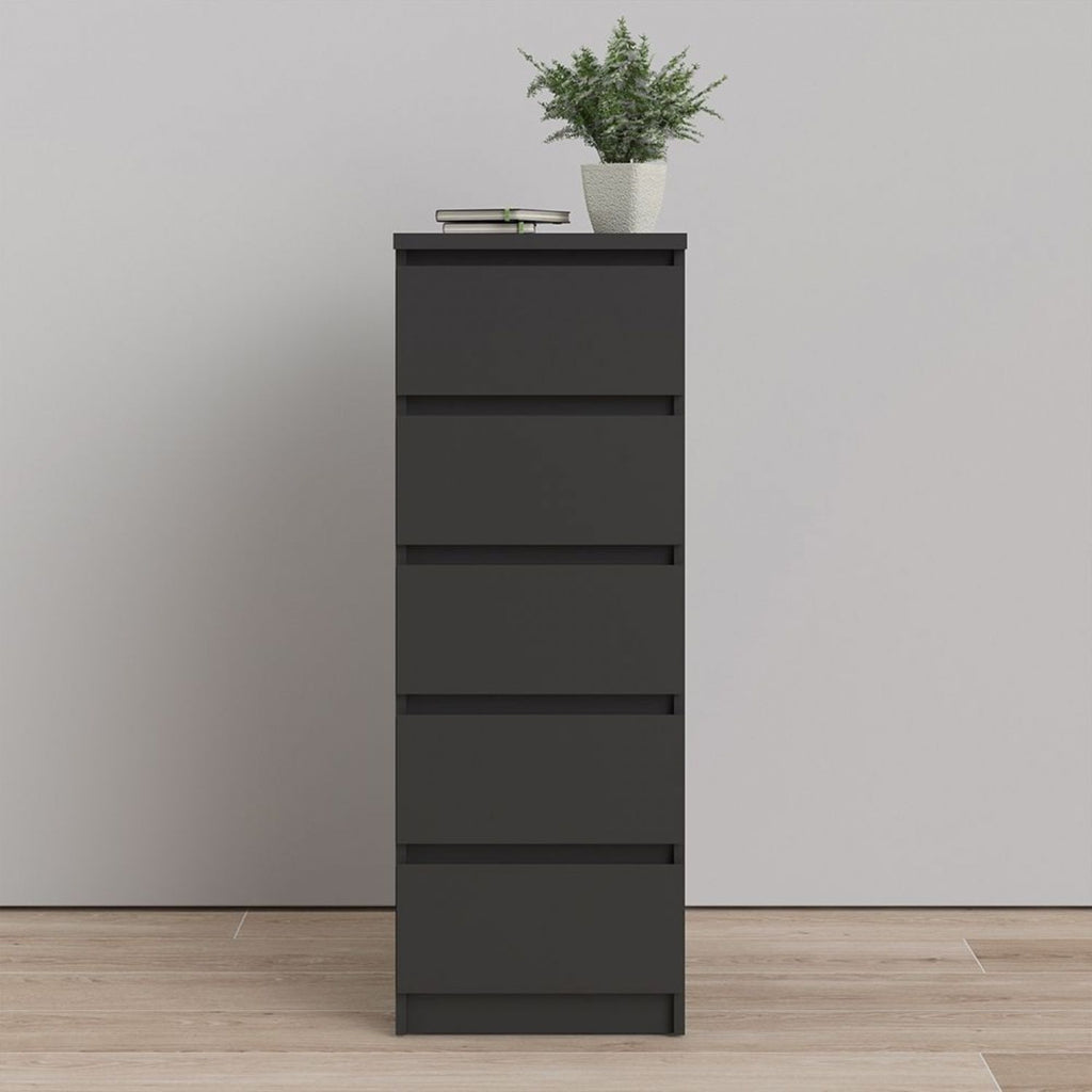 Matt Black Slim Narrow 5 Drawer Chest of Drawers Recessed Handles