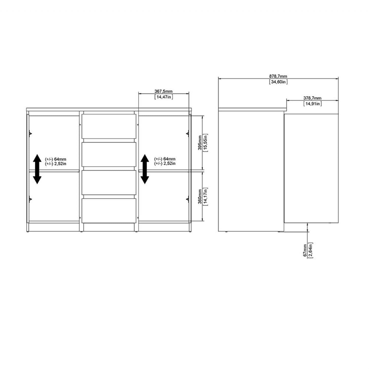 Matt Black 4 Drawer 2 Door Sideboard 120cm Wide