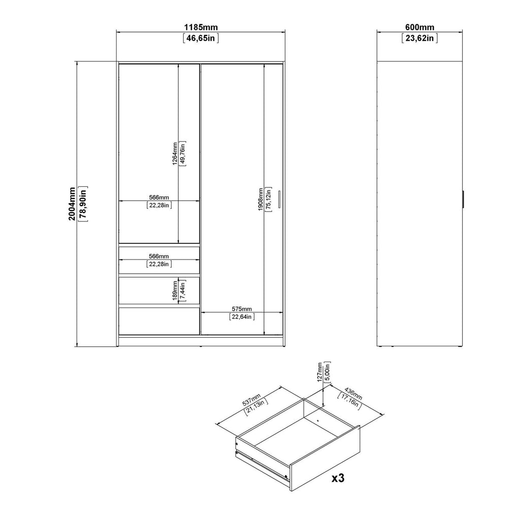 Wardrobe with 1 Sliding door 1 door + 3 drawers in Jackson Hickory Oak