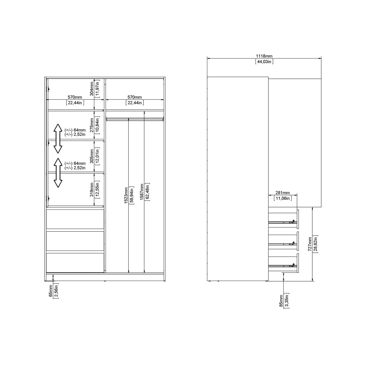 Wardrobe with 1 Sliding door 1 door + 3 drawers in Jackson Hickory Oak