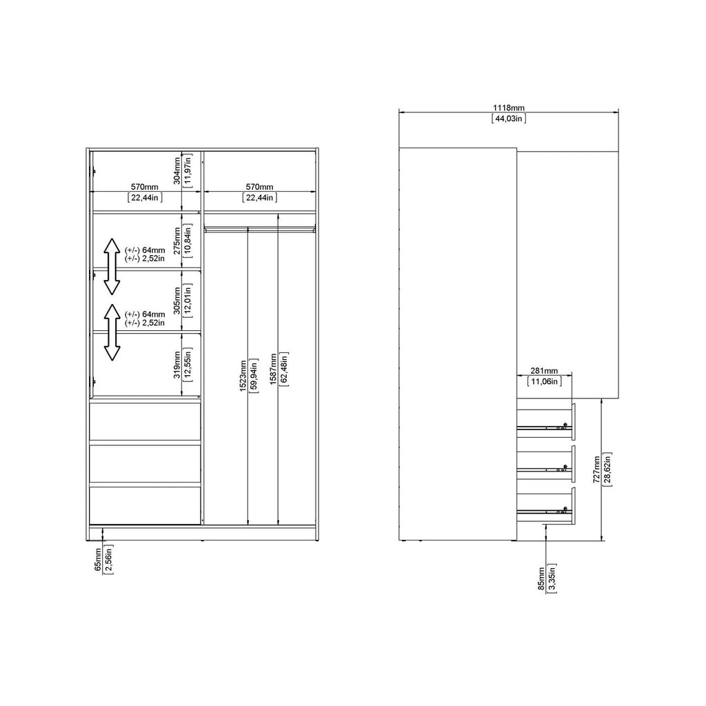 Wardrobe with 1 Sliding door 1 door + 3 drawers in White High Gloss
