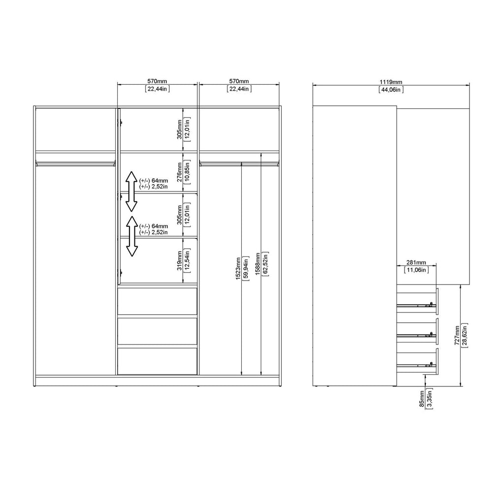 Wardrobe with 2 sliding doors 1 door + 3 drawers in White High Gloss