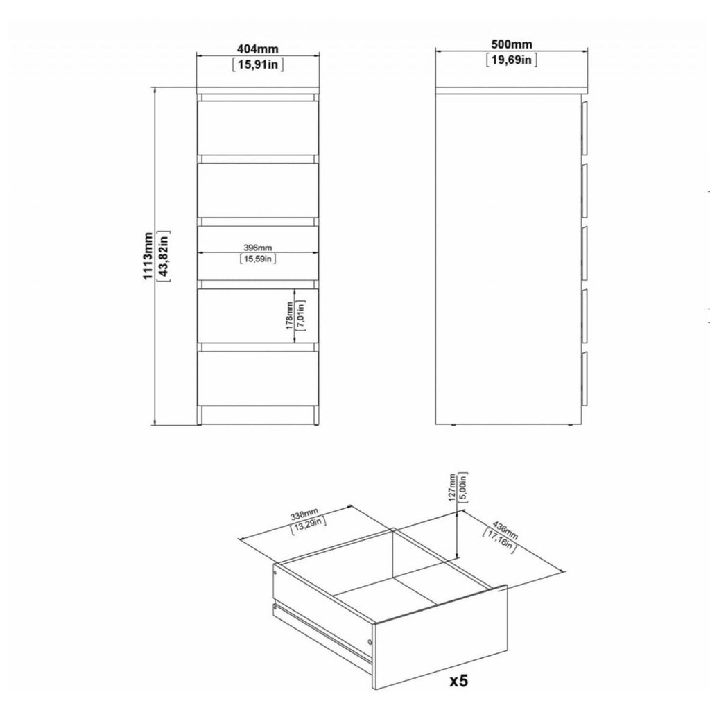 Naia Narrow Chest of 5 Drawers in White