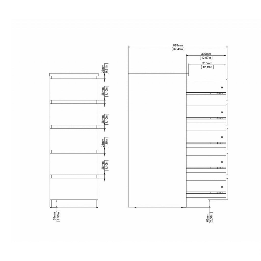 Naia Narrow Chest of 5 Drawers in White
