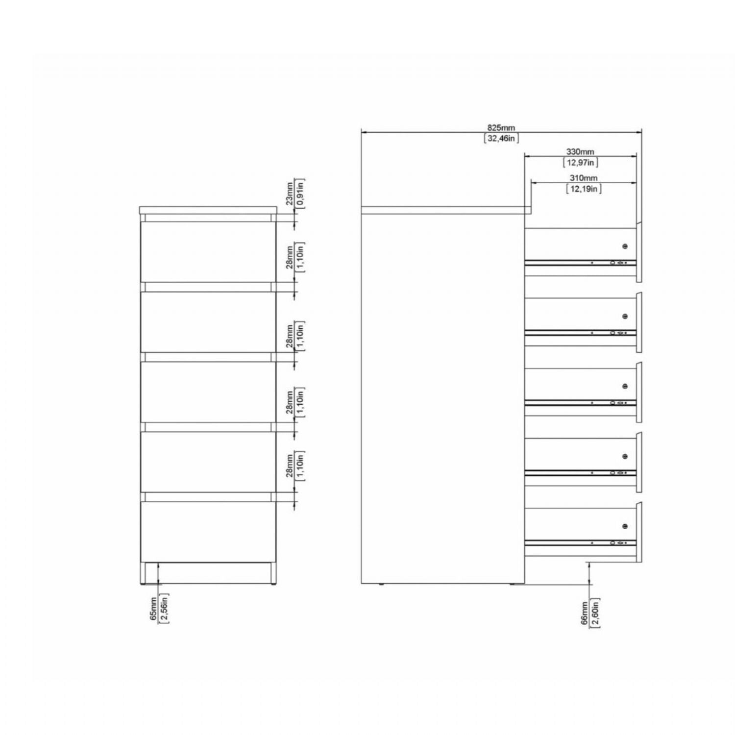Naia Narrow Chest of 5 Drawers in White