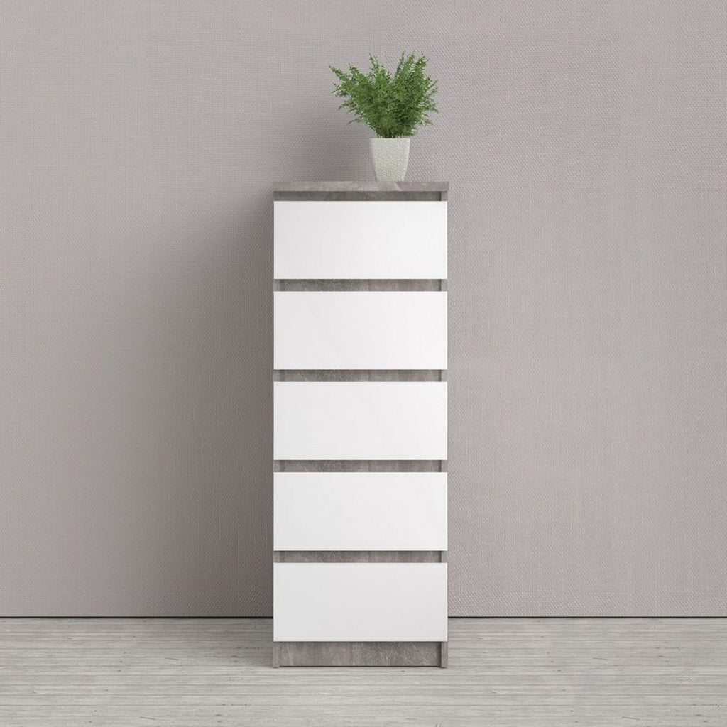 Tall Narrow Concrete And White High Gloss 5 Drawer Chest