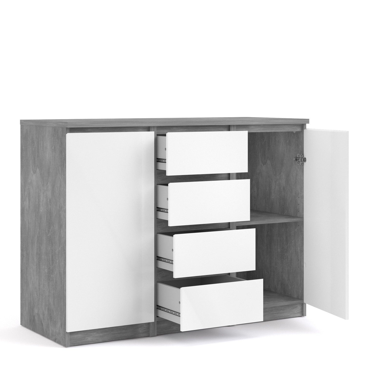 Sideboard 4 Drawers 2 Doors in Concrete and White High Gloss