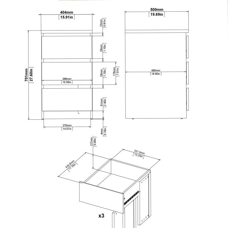 Bedside 3 Drawers in Jackson Hickory Oak