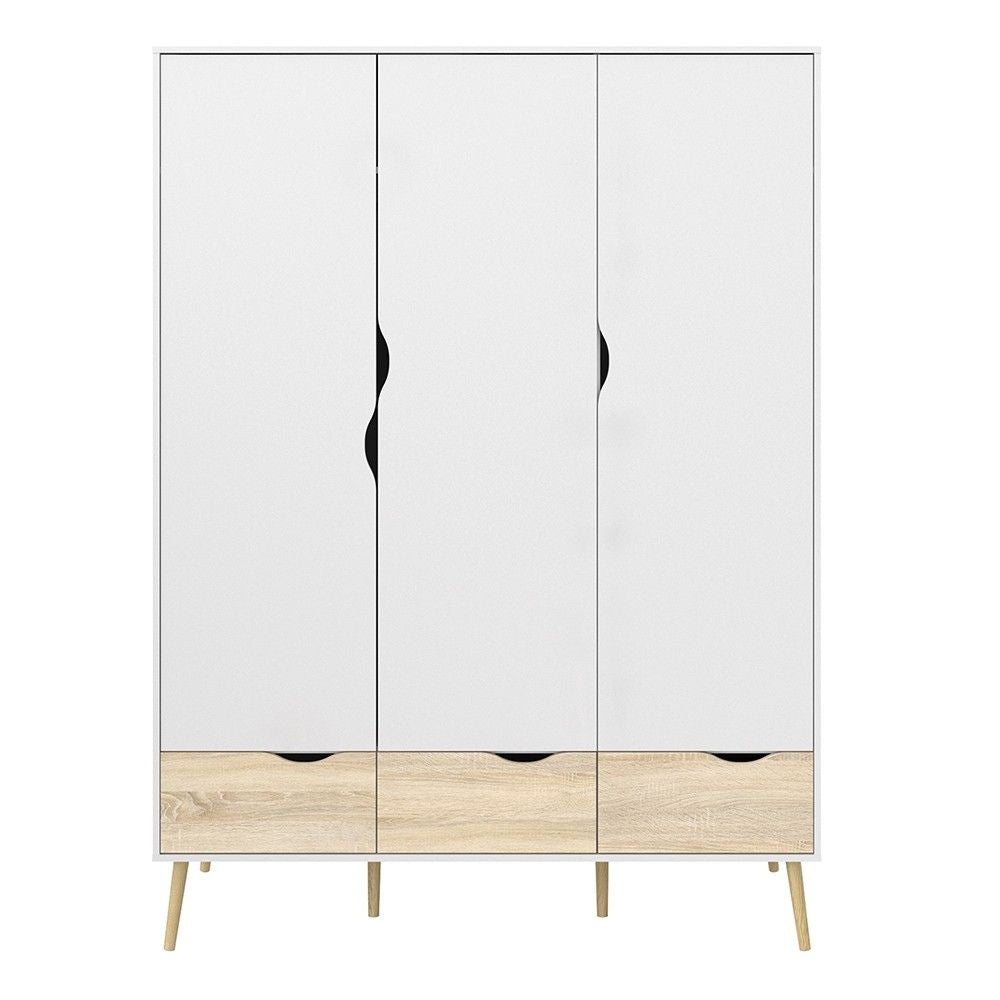 White and Oak 3 Door Triple Wardrobe With Cut Out Handles