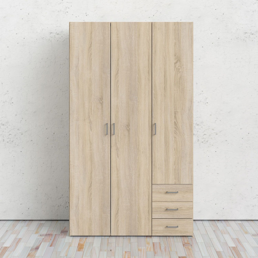 Light Oak 3 Door 3 Drawer Wardrobe 200cm Tall Modern