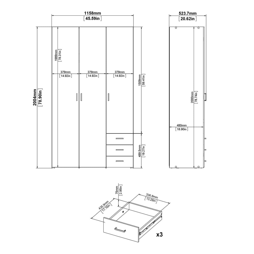 Light Oak 3 Door 3 Drawer Wardrobe 200cm Tall Modern