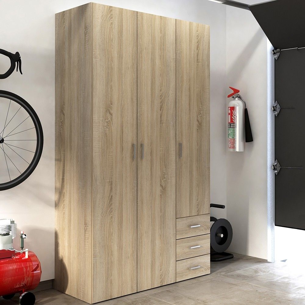 Light Oak 3 Door 3 Drawer Wardrobe 200cm Tall Modern