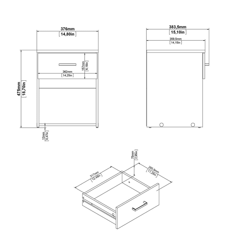 Space Bedside 1 Drawer in White