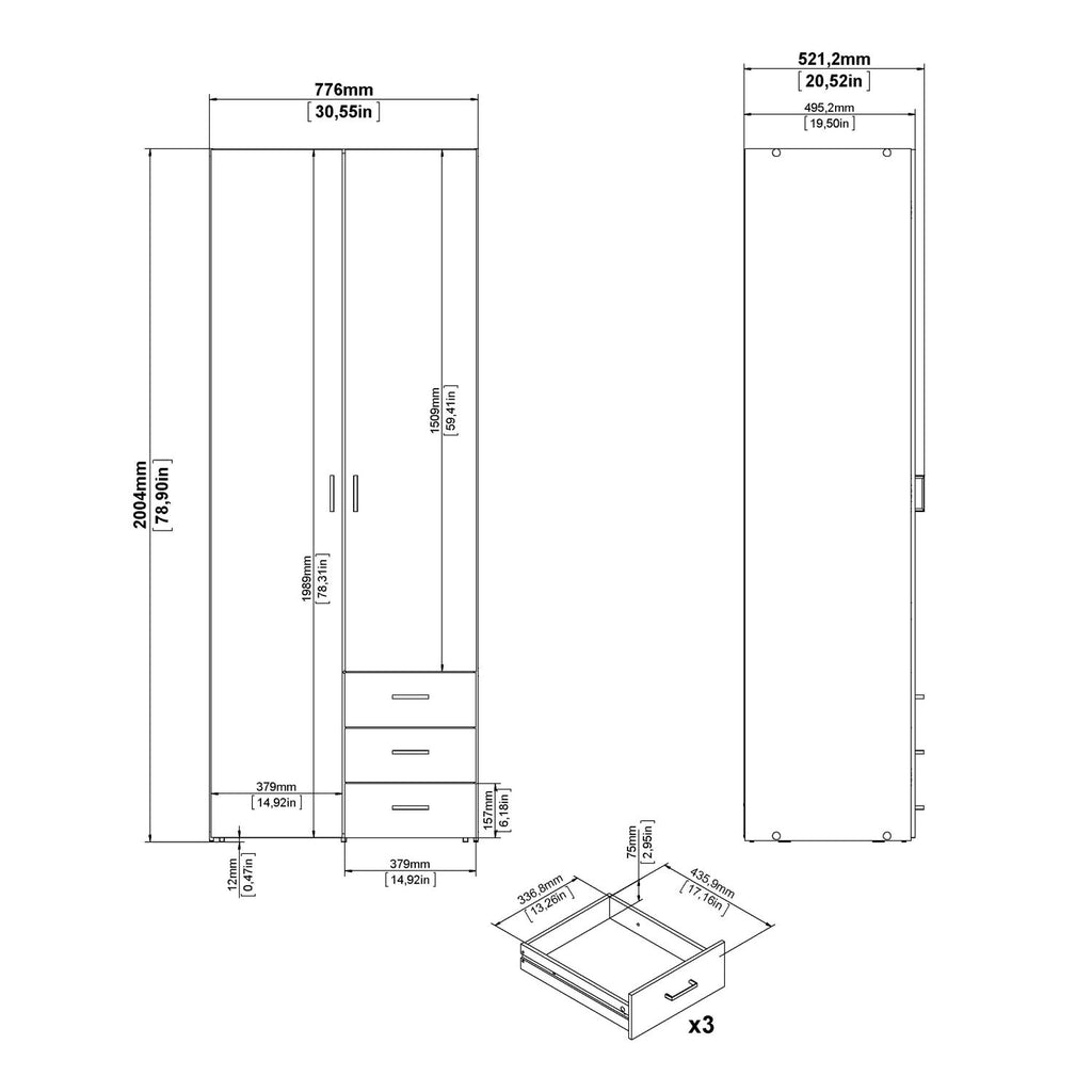 Traditional Slim White Double Wardrobe