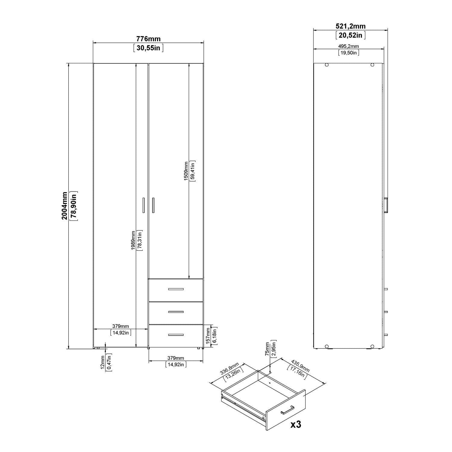 Oak Tall Double Combination Wardrobe 2 Doors 3 Drawers 200cm Tall