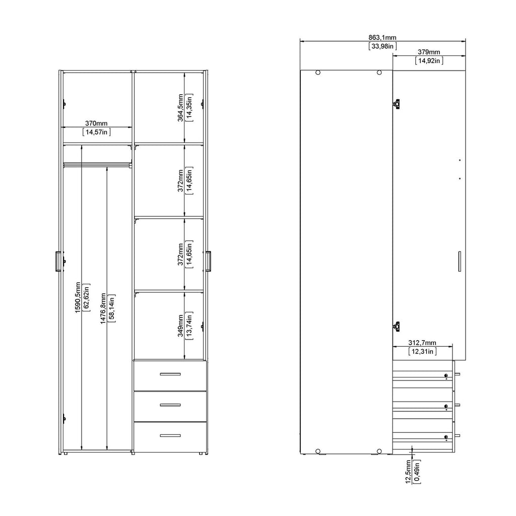 Oak Tall Double Combination Wardrobe 2 Doors 3 Drawers 200cm Tall